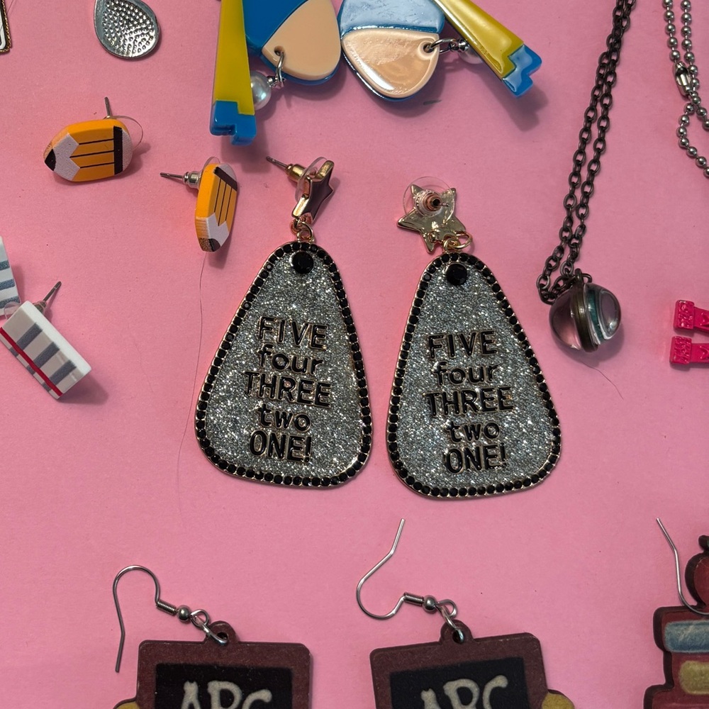 Fun Pierced Earring Lot of 15 and 2 Necklaces Statement Unique Artsy Teacher - Picture 2 of 12